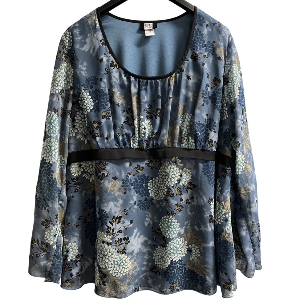 Studio 1940 Top Womens 26/28 Blue Floral Sheer Chiffon Flowy‎ Fairy Whimsigoth